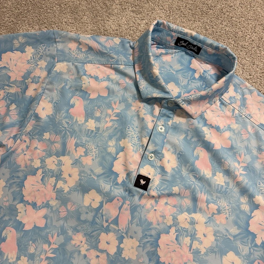 Bad Birdie Golf Polo Shirt Mens XL Blue Pink Floral Parrot Tropical Short Sleeve